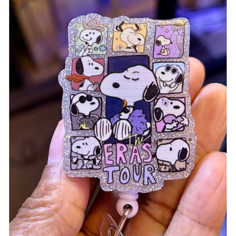 Snoopy Peanuts The Eras Tour Retractable Badge Reel Alligator Clip Glitter ID
